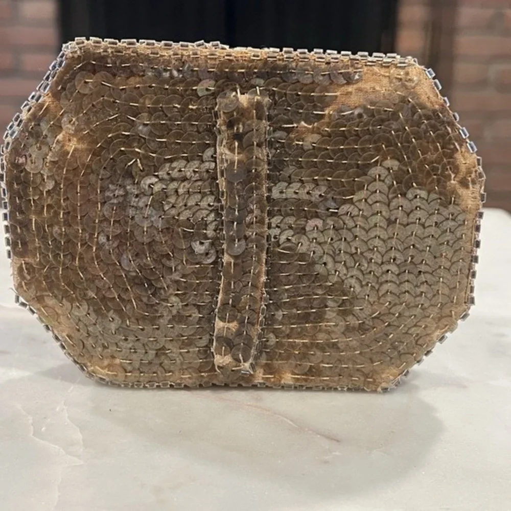 Vintage 1950s Sequin Evening Clutch Purse w/ Satin Lining & Mirror‎ – Bronze